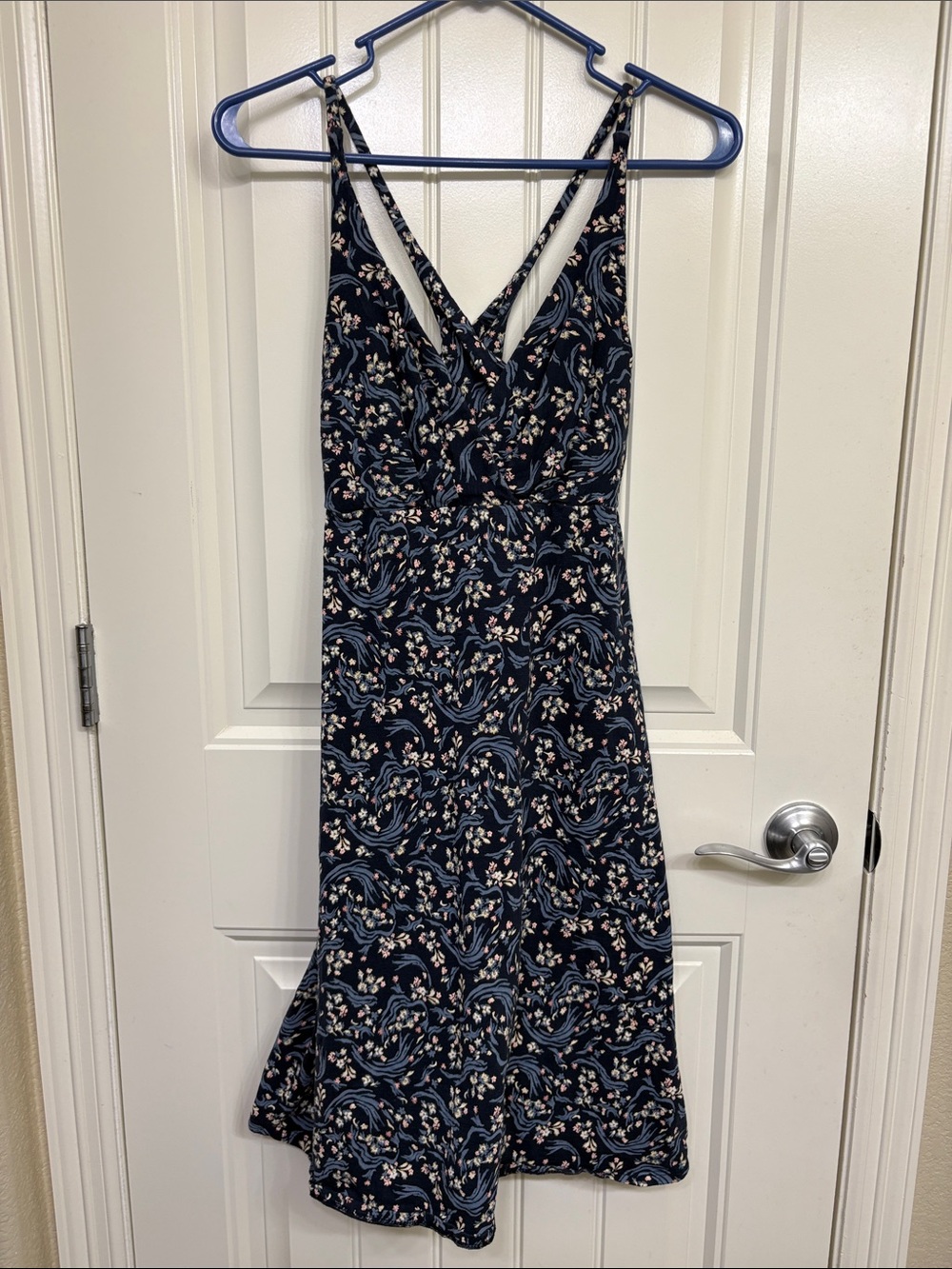 Patagonia Navy Floral V-Neck Midi Dress with Pink Accents